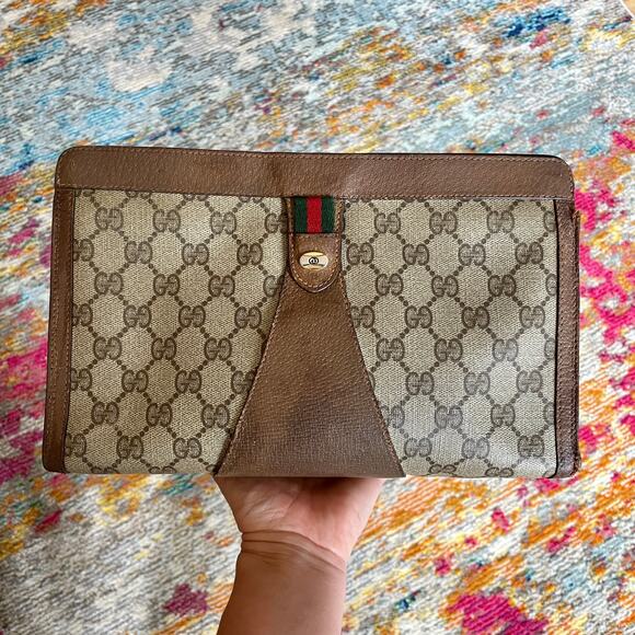 Gucci Vintage Clutch Brown Web Bag Logo Monogram Interlocking GG Stripe - Picture 1 of 16